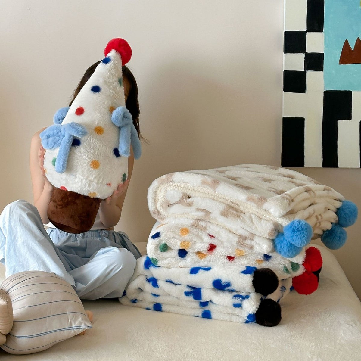 Colorful Polka Dot Pom Pom Throw Blanket