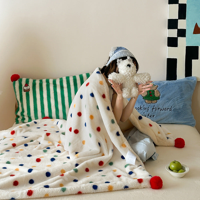 Colorful Polka Dot Pom Pom Throw Blanket